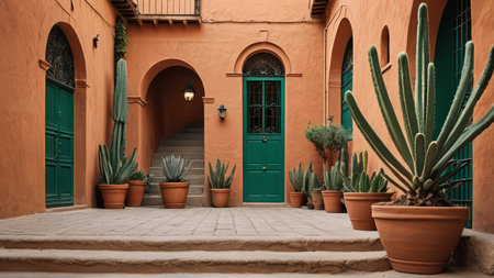Cactuses and cacti in pots on the street of Morocco