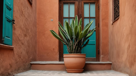Flower pot in front of an orange door in the old city