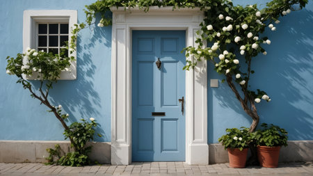 Blue door with white flowers on the facade of the old house.の写真素材