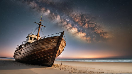 Abandoned fishing boat on the beach at night with starry skyの写真素材