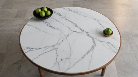 White marble table top with green apples on it, 3d render