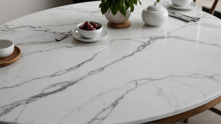 White marble table in the living room with a vase of berries