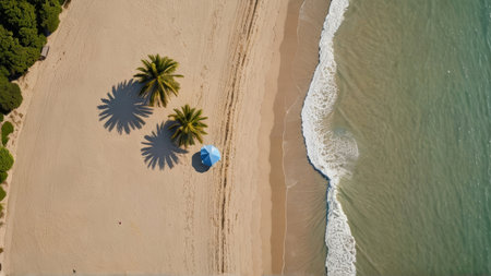 Aerial view of beautiful tropical beach with palms and umbrellasの写真素材