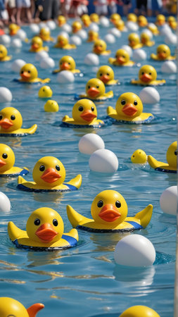 Yellow rubber ducks swimming in the pool with white and yellow rubber ducks