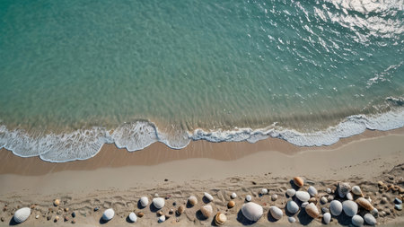 Aerial view of the sandy beach and sea waves. Top viewの写真素材