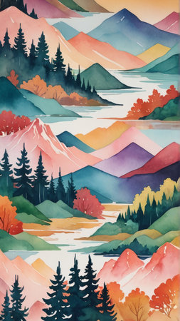 Watercolor autumn landscape with mountains and lake. Hand painted illustration for your designの写真素材