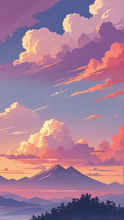 Landscape of mountains and cloudy sky at sunset. Vector illustration.