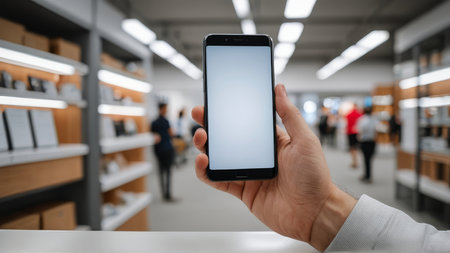 male hand holding a smartphone with a blank screen in the library.