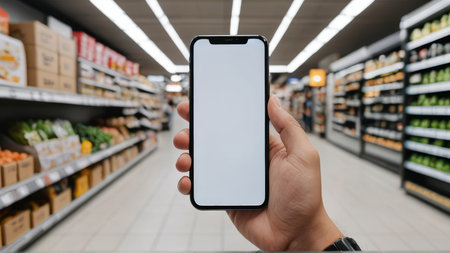 male hand holding smartphone with blank screen over blurred supermarket aisle and shelves background