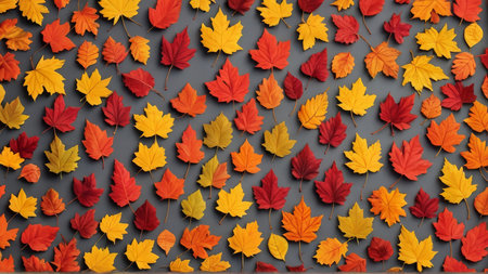 Autumn leaves pattern on grey background. Flat lay, top view.