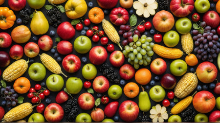Variety of fresh fruits and vegetables as a background, top viewの写真素材