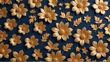 3d render of yellow flowers on blue background. Floral patternの写真素材