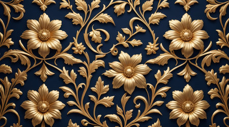 Seamless pattern with gold flowers on blue background. 3d rendering