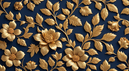 Seamless pattern with gold leaves and flowers on blue background. 3d rendering