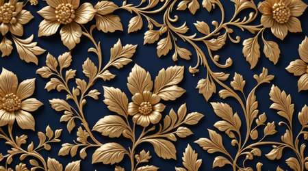 3d render, vintage floral seamless pattern with gold flowers and leaves on blue background