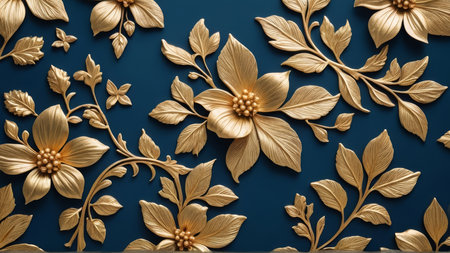 3d render, abstract floral background, golden flowers and leaves on a blue background