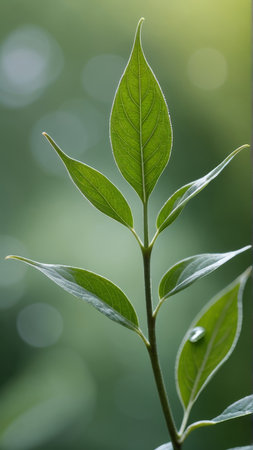Green leaves with water drops on blurred background, shallow depth of fieldの写真素材