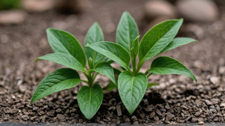 Green pepper seedlings growing in pebble soil, closeup
