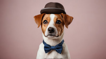 Funny dog in a hat and bow tie on a pink background