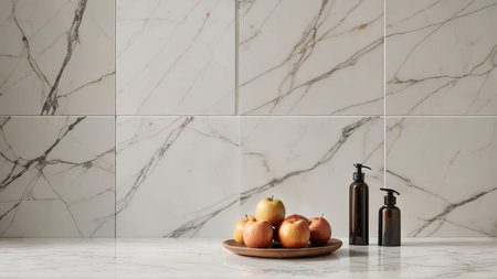 Apples and bottle of perfumele countertop in modern kitchen