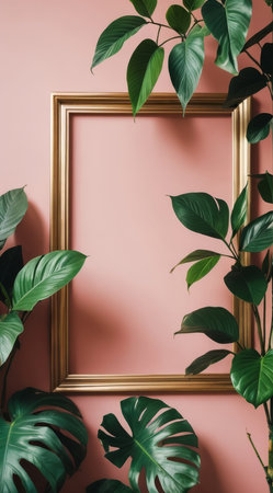 Tropical green leaves and golden frame on pink wall, flat lay