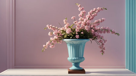 Vase with pink flowers in interior. 3d render illustration.の写真素材