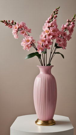 Vase with pink flowers on the beige background. 3d renderingの写真素材