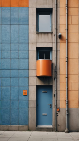 Colorful facade of a modern building with an orange and blue door
