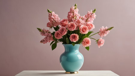 Pink bouquet of flowers in a blue vase on a white tableの写真素材
