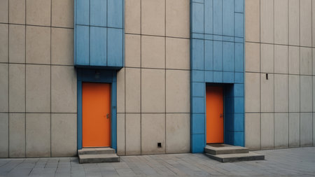 Two doors in a wall of a building with orange and blue doorsの写真素材