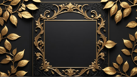 Luxury black background with gold leaves and frame. Vector illustration.の写真素材