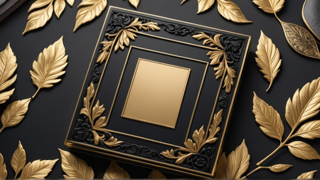 Luxury black background with golden frame and gold leaves. 3d rendering