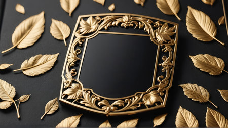 Golden frame on a black background with gold leaves. Copy space.