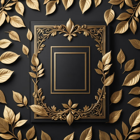 Vintage frame with golden leaves on black background. Vector illustration.