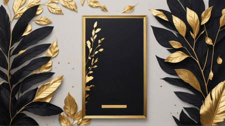 Creative layout made of black tropical leaves and golden frame. Minimal concept. 3d render.の写真素材
