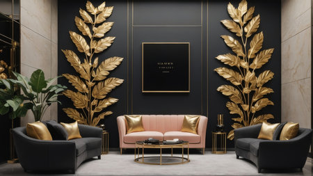 Luxury living room interior with armchairs, coffee table and gold plants. 3D Renderingの写真素材