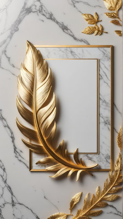 Golden feather and framele background. Flat lay, top view