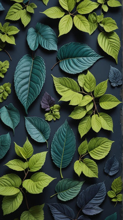 Creative layout made of leaves on dark background. Flat lay. Nature concept.
