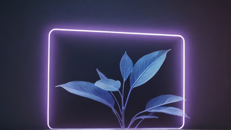 Plant in pot with glowing neon frame on dark background. 3D Rendering