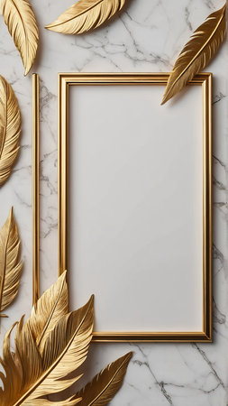 Golden feathers and blank framele background. 3d render illustrationの写真素材