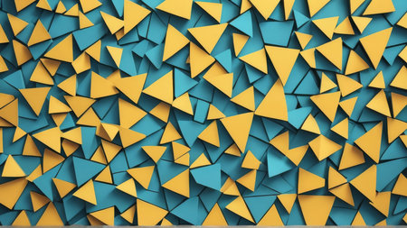 Abstract 3d rendering of chaotic yellow and blue triangles. Futuristic background design.の写真素材