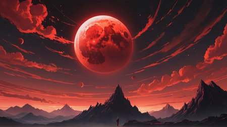 Fantasy alien planet. Mountain and sunset. 3D illustration.の写真素材