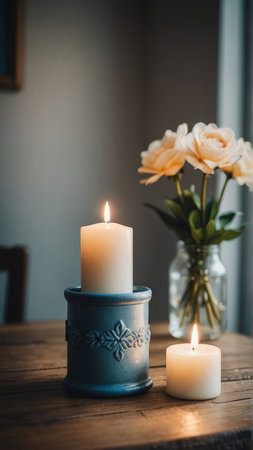 Burning candles in a blue vase on a wooden table.