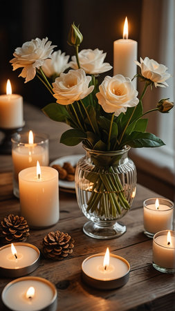 Beautiful white roses in vase with burning candles on wooden tableの写真素材