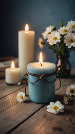 Burning candle with chamomile flowers on wooden table.の写真素材