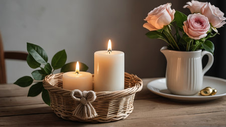 Candles in a wicker basket with roses on a wooden tableの写真素材