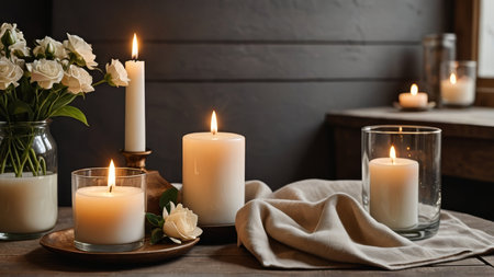 Burning candles and flowers on wooden table in room, space for textの写真素材