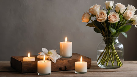 Beautiful roses and candles on wooden table against grey background, space for textの写真素材
