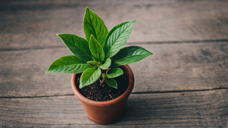 Green plant in a pot on a wooden background. Copy space.