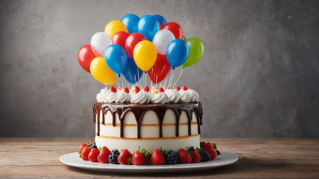 Birthday cake with colorful balloons and berries on wooden table, closeupの写真素材